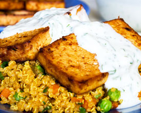 Fried Quinoa, Baked Tofu, Tzatziki Sauce